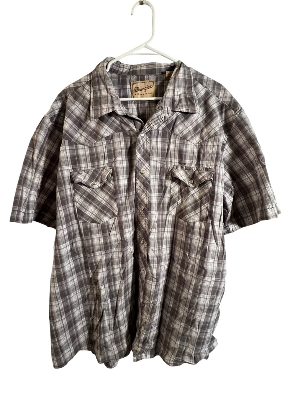 Wrangler Western Shirts Men’s Size 3XL Plaid‎ Shirt Pearl Snap Gray White Short